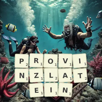 Kreative Illustration für ein Scrabble-Spiel, bei dem das Wort PROVINZLATEIN mit Steinen auf dem Brett gelegt wurde.