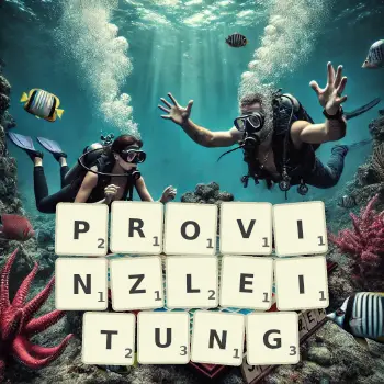 Kreative Illustration für ein Scrabble-Spiel, bei dem das Wort PROVINZLEITUNG mit Steinen auf dem Brett gelegt wurde.