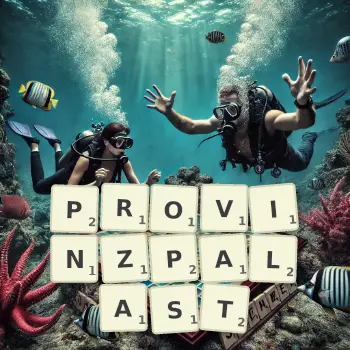 Kreative Illustration für ein Scrabble-Spiel, bei dem das Wort PROVINZPALAST mit Steinen auf dem Brett gelegt wurde.