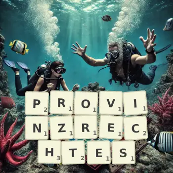 Kreative Illustration für ein Scrabble-Spiel, bei dem das Wort PROVINZRECHTES mit Steinen auf dem Brett gelegt wurde.