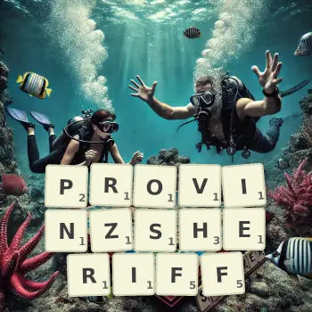 Kreative Illustration für ein Scrabble-Spiel, bei dem das Wort PROVINZSHERIFF mit Steinen auf dem Brett gelegt wurde.