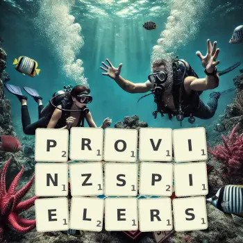 Kreative Illustration für ein Scrabble-Spiel, bei dem das Wort PROVINZSPIELERS mit Steinen auf dem Brett gelegt wurde.