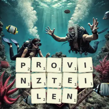 Kreative Illustration für ein Scrabble-Spiel, bei dem das Wort PROVINZTEILEN mit Steinen auf dem Brett gelegt wurde.