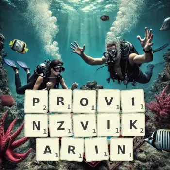 Kreative Illustration für ein Scrabble-Spiel, bei dem das Wort PROVINZVIKARIN mit Steinen auf dem Brett gelegt wurde.