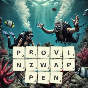 Kreative Illustration für ein Scrabble-Spiel, bei dem das Wort PROVINZWAPPEN mit Steinen auf dem Brett gelegt wurde.