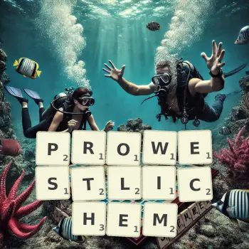 Kreative Illustration für ein Scrabble-Spiel, bei dem das Wort PROWESTLICHEM mit Steinen auf dem Brett gelegt wurde.