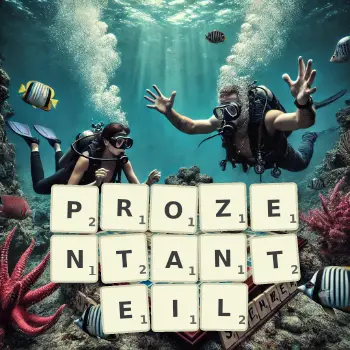 Kreative Illustration für ein Scrabble-Spiel, bei dem das Wort PROZENTANTEIL mit Steinen auf dem Brett gelegt wurde.