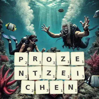 Kreative Illustration für ein Scrabble-Spiel, bei dem das Wort PROZENTZEICHEN mit Steinen auf dem Brett gelegt wurde.