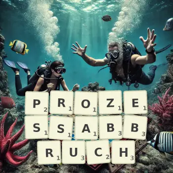 Kreative Illustration für ein Scrabble-Spiel, bei dem das Wort PROZESSABBRUCH mit Steinen auf dem Brett gelegt wurde.