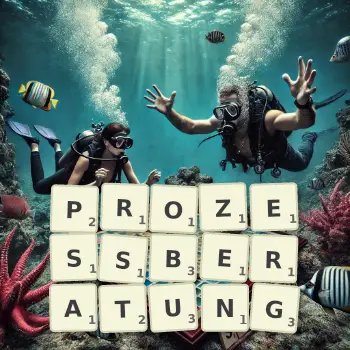 Kreative Illustration für ein Scrabble-Spiel, bei dem das Wort PROZESSBERATUNG mit Steinen auf dem Brett gelegt wurde.
