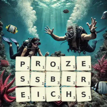 Kreative Illustration für ein Scrabble-Spiel, bei dem das Wort PROZESSBEREICHS mit Steinen auf dem Brett gelegt wurde.