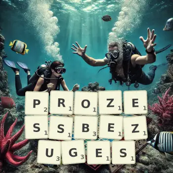 Kreative Illustration für ein Scrabble-Spiel, bei dem das Wort PROZESSBEZUGES mit Steinen auf dem Brett gelegt wurde.