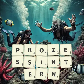 Kreative Illustration für ein Scrabble-Spiel, bei dem das Wort PROZESSINTERN mit Steinen auf dem Brett gelegt wurde.