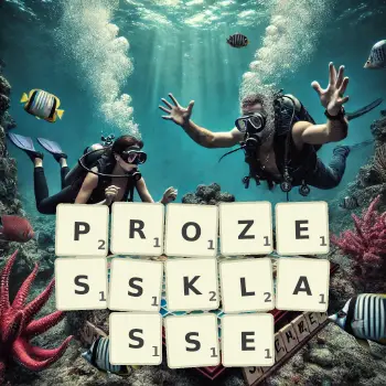 Kreative Illustration für ein Scrabble-Spiel, bei dem das Wort PROZESSKLASSE mit Steinen auf dem Brett gelegt wurde.