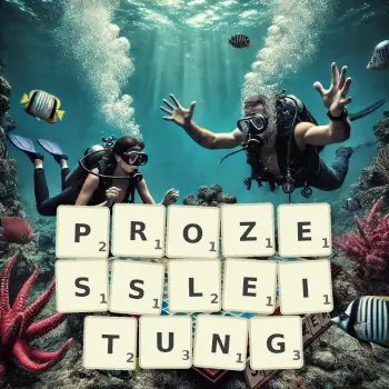 Kreative Illustration für ein Scrabble-Spiel, bei dem das Wort PROZESSLEITUNG mit Steinen auf dem Brett gelegt wurde.