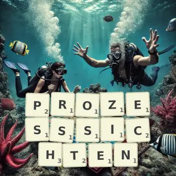 Kreative Illustration für ein Scrabble-Spiel, bei dem das Wort PROZESSSICHTEN mit Steinen auf dem Brett gelegt wurde.