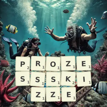 Kreative Illustration für ein Scrabble-Spiel, bei dem das Wort PROZESSSKIZZE mit Steinen auf dem Brett gelegt wurde.