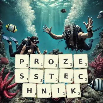 Kreative Illustration für ein Scrabble-Spiel, bei dem das Wort PROZESSTECHNIK mit Steinen auf dem Brett gelegt wurde.