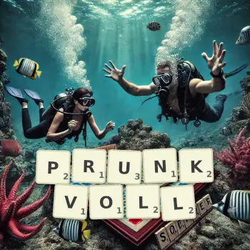 Kreative Illustration für ein Scrabble-Spiel, bei dem das Wort PRUNKVOLL mit Steinen auf dem Brett gelegt wurde.