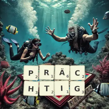 Kreative Illustration für ein Scrabble-Spiel, bei dem das Wort PRÄCHTIG mit Steinen auf dem Brett gelegt wurde.