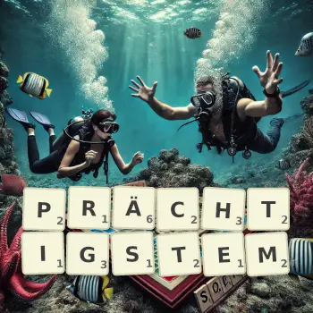 Kreative Illustration für ein Scrabble-Spiel, bei dem das Wort PRÄCHTIGSTEM mit Steinen auf dem Brett gelegt wurde.