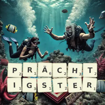 Kreative Illustration für ein Scrabble-Spiel, bei dem das Wort PRÄCHTIGSTER mit Steinen auf dem Brett gelegt wurde.