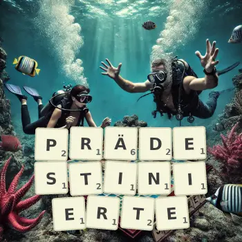 Kreative Illustration für ein Scrabble-Spiel, bei dem das Wort PRÄDESTINIERTE mit Steinen auf dem Brett gelegt wurde.