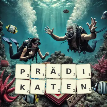 Kreative Illustration für ein Scrabble-Spiel, bei dem das Wort PRÄDIKATEN mit Steinen auf dem Brett gelegt wurde.