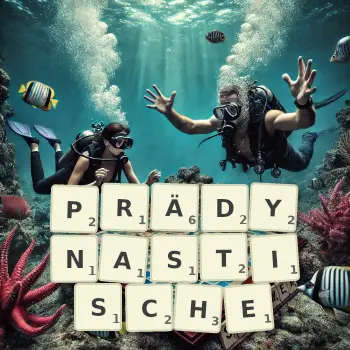 Kreative Illustration für ein Scrabble-Spiel, bei dem das Wort PRÄDYNASTISCHE mit Steinen auf dem Brett gelegt wurde.