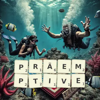 Kreative Illustration für ein Scrabble-Spiel, bei dem das Wort PRÄEMPTIVE mit Steinen auf dem Brett gelegt wurde.