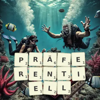 Kreative Illustration für ein Scrabble-Spiel, bei dem das Wort PRÄFERENTIELL mit Steinen auf dem Brett gelegt wurde.