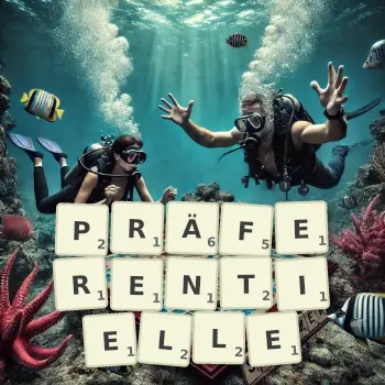 Kreative Illustration für ein Scrabble-Spiel, bei dem das Wort PRÄFERENTIELLE mit Steinen auf dem Brett gelegt wurde.