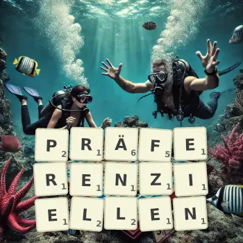 Kreative Illustration für ein Scrabble-Spiel, bei dem das Wort PRÄFERENZIELLEN mit Steinen auf dem Brett gelegt wurde.