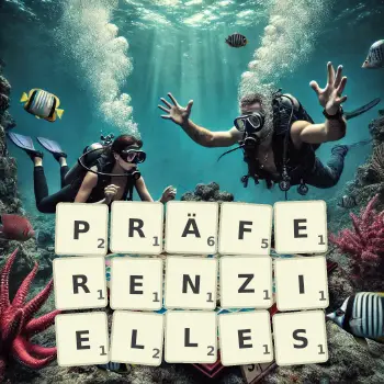 Kreative Illustration für ein Scrabble-Spiel, bei dem das Wort PRÄFERENZIELLES mit Steinen auf dem Brett gelegt wurde.