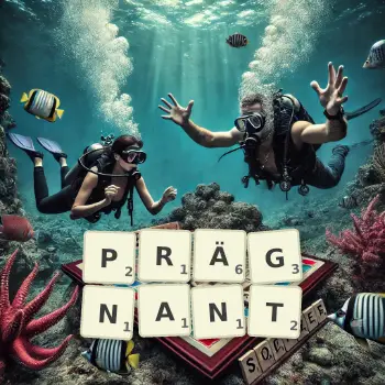 Kreative Illustration für ein Scrabble-Spiel, bei dem das Wort PRÄGNANT mit Steinen auf dem Brett gelegt wurde.