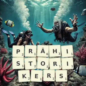 Kreative Illustration für ein Scrabble-Spiel, bei dem das Wort PRÄHISTORIKERS mit Steinen auf dem Brett gelegt wurde.