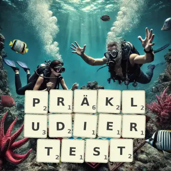 Kreative Illustration für ein Scrabble-Spiel, bei dem das Wort PRÄKLUDIERTEST mit Steinen auf dem Brett gelegt wurde.