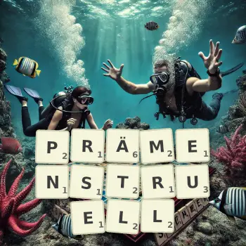 Kreative Illustration für ein Scrabble-Spiel, bei dem das Wort PRÄMENSTRUELL mit Steinen auf dem Brett gelegt wurde.