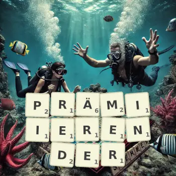 Kreative Illustration für ein Scrabble-Spiel, bei dem das Wort PRÄMIIERENDER mit Steinen auf dem Brett gelegt wurde.