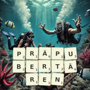 Kreative Illustration für ein Scrabble-Spiel, bei dem das Wort PRÄPUBERTÄREN mit Steinen auf dem Brett gelegt wurde.