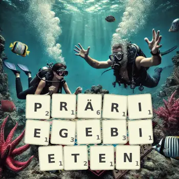 Kreative Illustration für ein Scrabble-Spiel, bei dem das Wort PRÄRIEGEBIETEN mit Steinen auf dem Brett gelegt wurde.