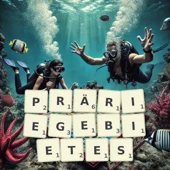 Kreative Illustration für ein Scrabble-Spiel, bei dem das Wort PRÄRIEGEBIETES mit Steinen auf dem Brett gelegt wurde.