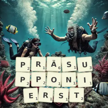Kreative Illustration für ein Scrabble-Spiel, bei dem das Wort PRÄSUPPONIERST mit Steinen auf dem Brett gelegt wurde.