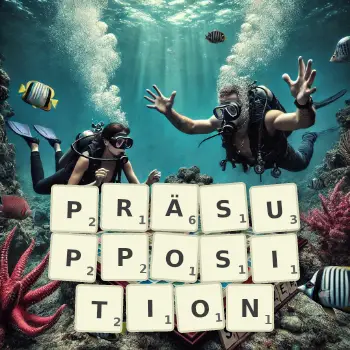 Kreative Illustration für ein Scrabble-Spiel, bei dem das Wort PRÄSUPPOSITION mit Steinen auf dem Brett gelegt wurde.