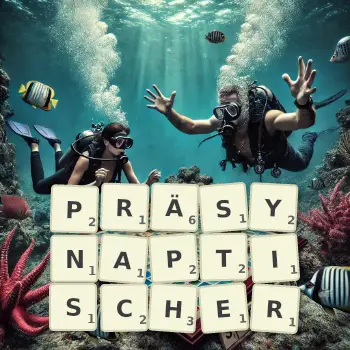 Kreative Illustration für ein Scrabble-Spiel, bei dem das Wort PRÄSYNAPTISCHER mit Steinen auf dem Brett gelegt wurde.