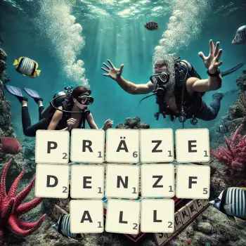 Kreative Illustration für ein Scrabble-Spiel, bei dem das Wort PRÄZEDENZFALL mit Steinen auf dem Brett gelegt wurde.