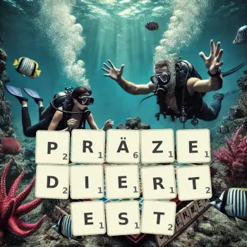 Kreative Illustration für ein Scrabble-Spiel, bei dem das Wort PRÄZEDIERTEST mit Steinen auf dem Brett gelegt wurde.
