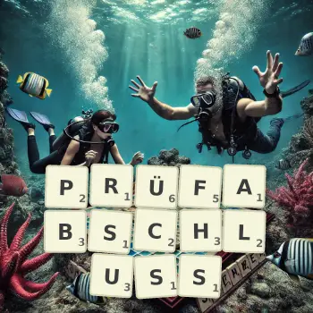 Kreative Illustration für ein Scrabble-Spiel, bei dem das Wort PRÜFABSCHLUSS mit Steinen auf dem Brett gelegt wurde.