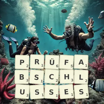 Kreative Illustration für ein Scrabble-Spiel, bei dem das Wort PRÜFABSCHLUSSES mit Steinen auf dem Brett gelegt wurde.