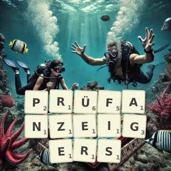 Kreative Illustration für ein Scrabble-Spiel, bei dem das Wort PRÜFANZEIGERS mit Steinen auf dem Brett gelegt wurde.